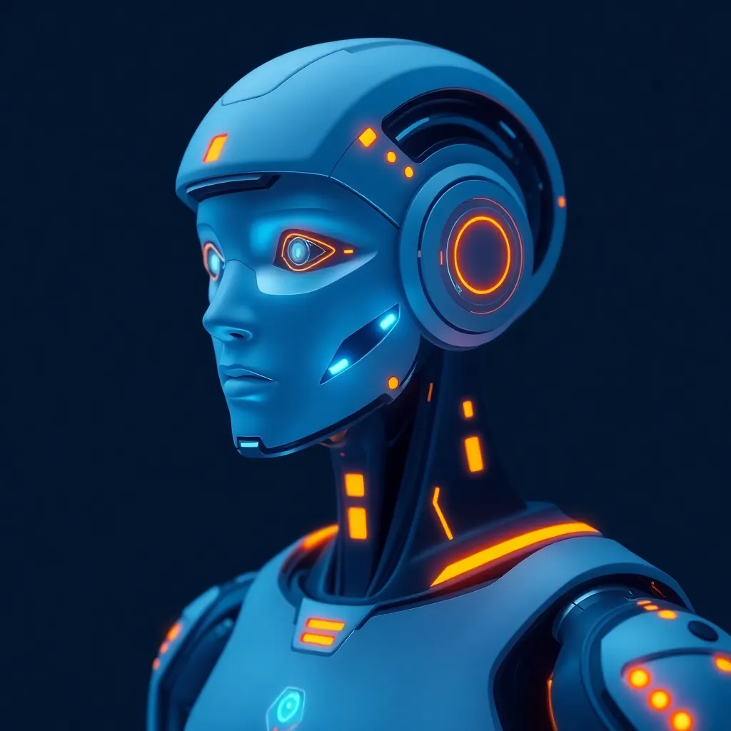futuristic AI technology empowering people, minimal style with blue and orange accents