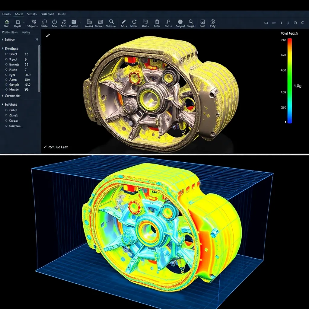 3D scanner interface showing point cloud data analysis and defect detection on automotive parts with AI overlay