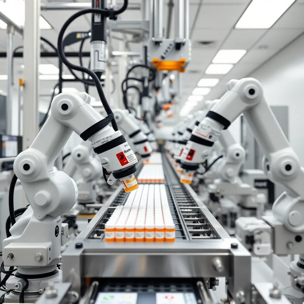pharmaceutical production line automation with clean room robots handling medicine vials and packages